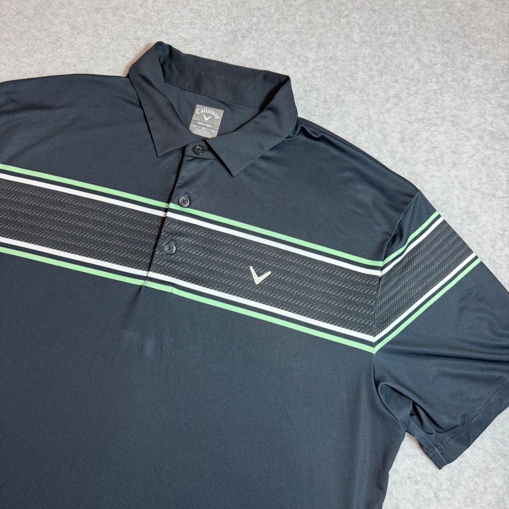Callaway Polo Shirt Mens XL Black Green Striped Opti-Dri Golf Short Sleeve
